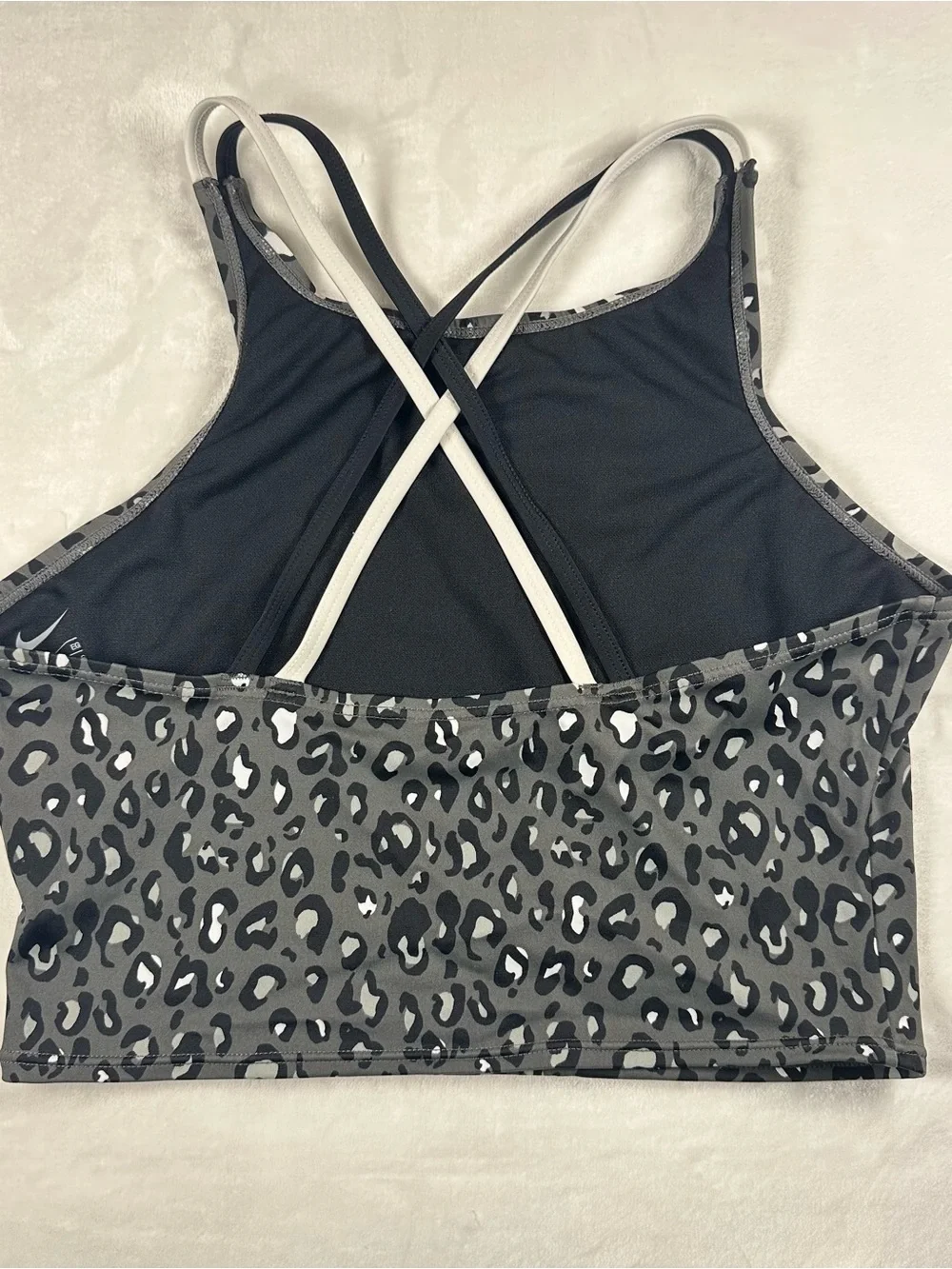 Nike Black & Gray Leopard Print Kids Swim Bikini Crop Top with White Swoosh